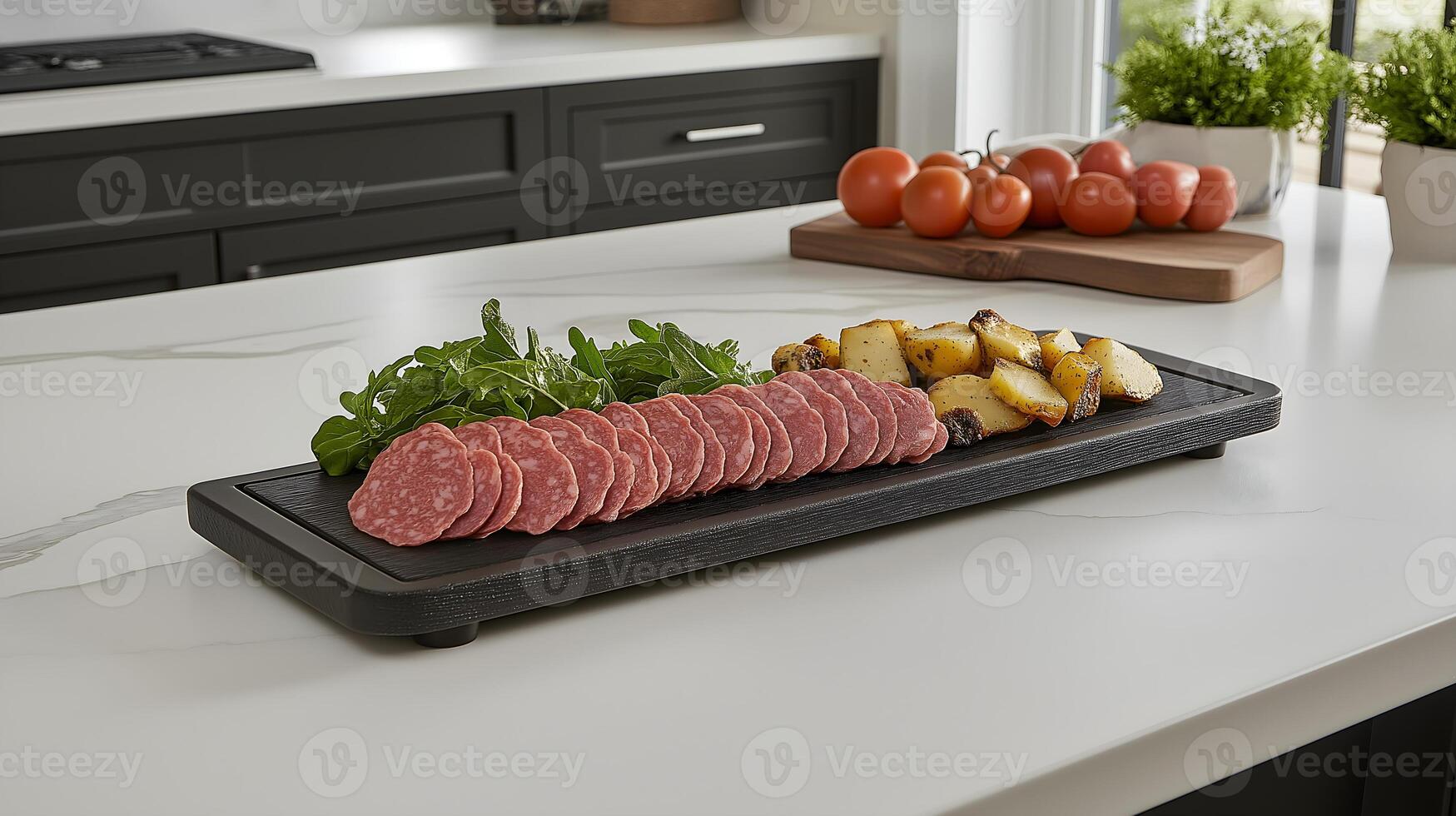 Sliced Sausage and Potatoes on Slate Plate. A modern kitchen setting showcasing a slate plate with neatly sliced sausage, roasted potato wedges, and fresh greens photo