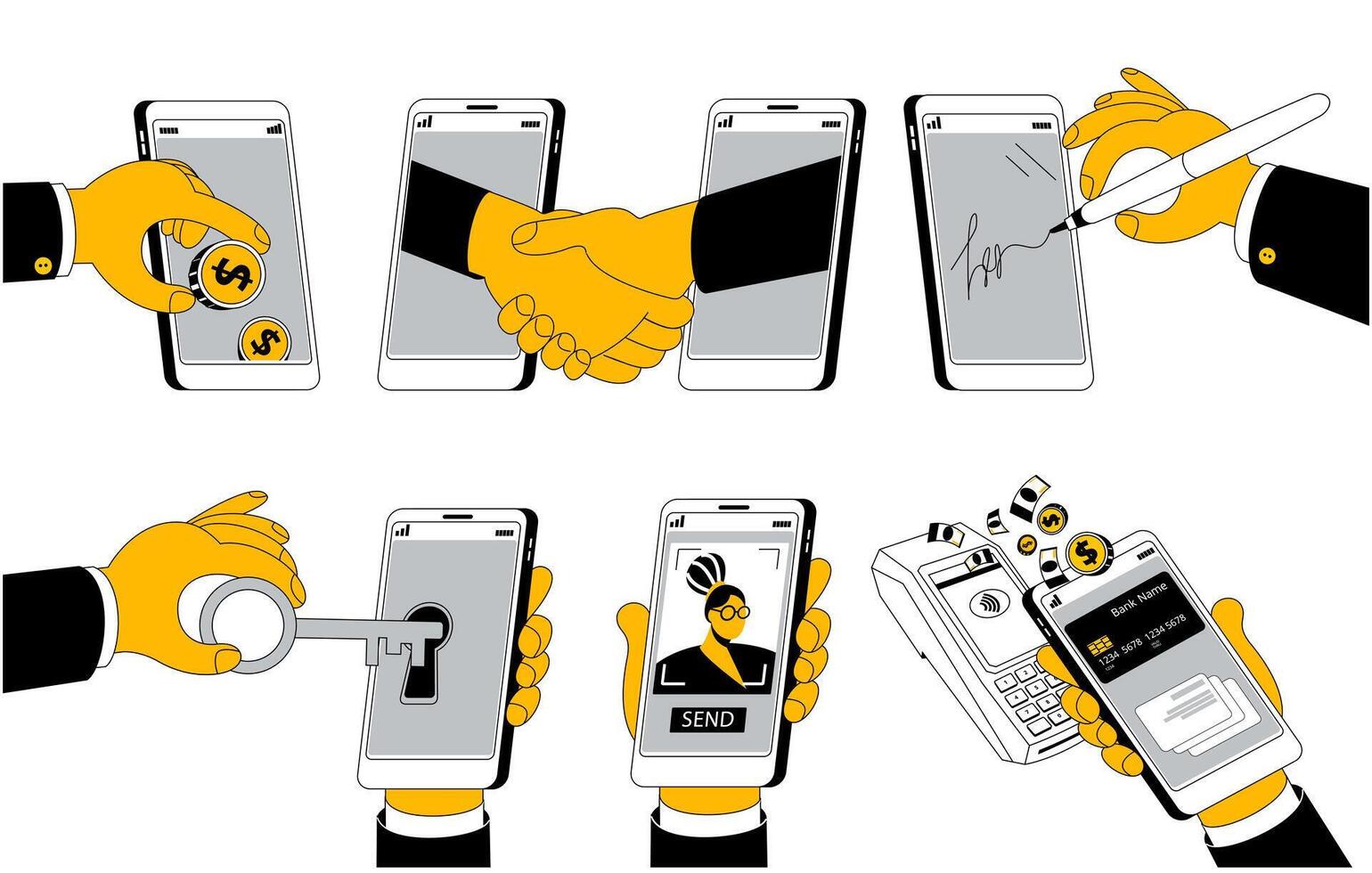 Hands perform different manipulations with the phone. Set of illustrations in a linear style. vector