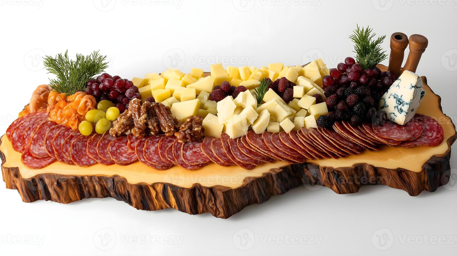 Charcuterie and Cheese Board with Grapes and Nuts. A rustic charcuterie board featuring a variety of sliced cured meats, diced cheeses, fresh grapes photo