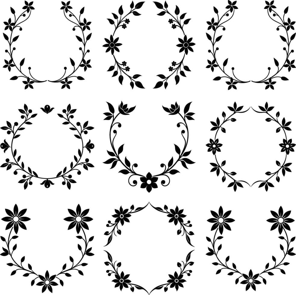 Black And White Floral Wreath Frames Set Illustration On White Background vector
