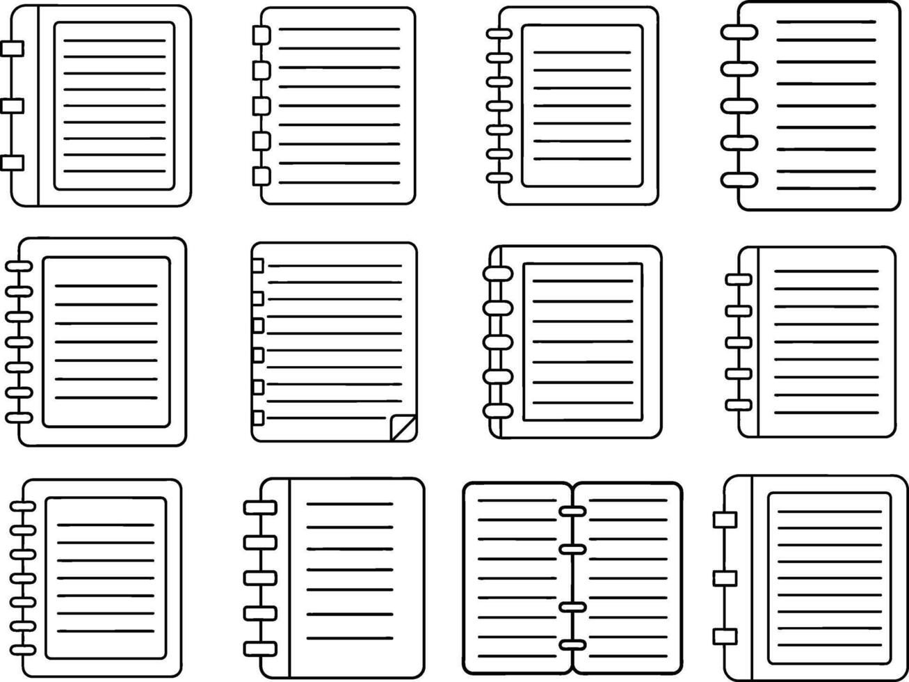 Different Types Of Spiral Notebook Icon Set Design For Personal And Commercial Usage Line Art Illustration On An Isolated White Background vector