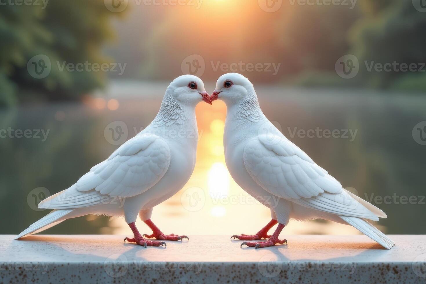 Two white doves near lake, their beaks meeting in gentle kiss. Valentine's day concept. photo
