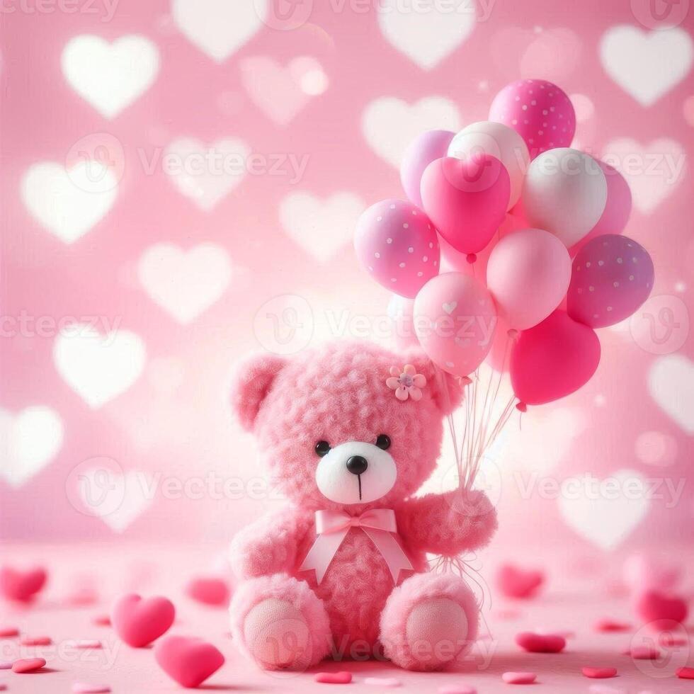 Pink teddy bear holding bunch of colorful balloons. Valentine's day photo