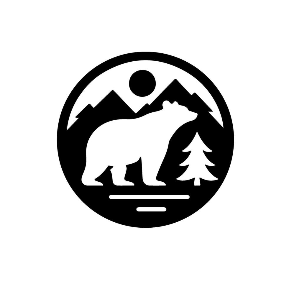 A black and white bear logo with mountains and trees vector