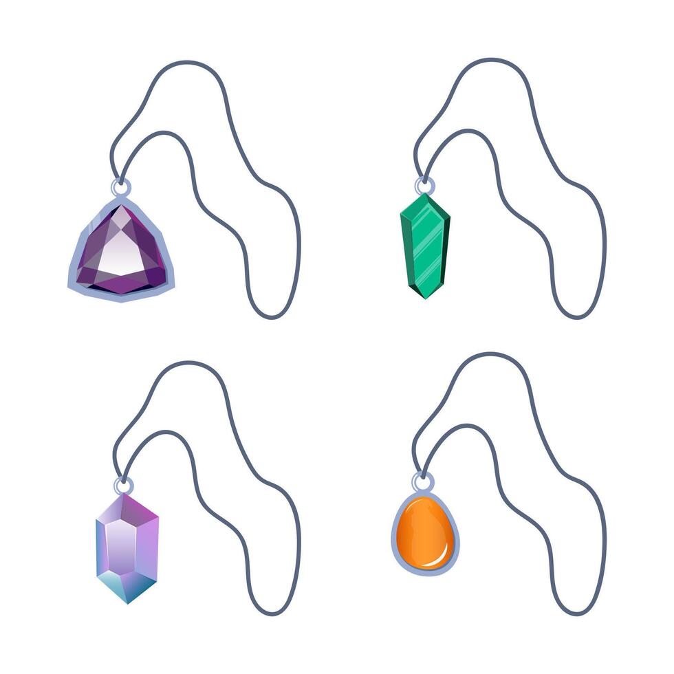 Collection of magic amulet pendant with crystal, diamond, precious stone in metal frame hanging on rope. illustration. vector