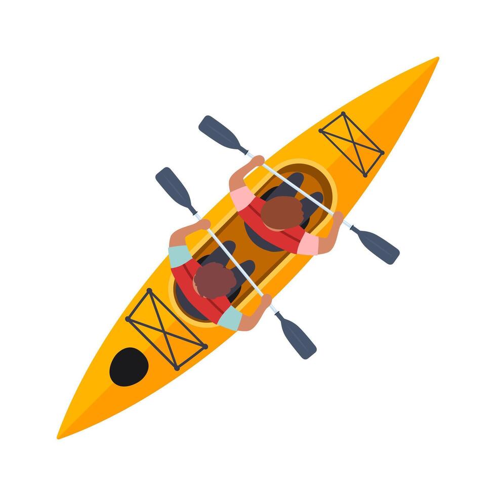 Men rowing in kayak. Men in helmets and life jackets rafting in sports boat with oars. Extreme water activity. illustration. vector