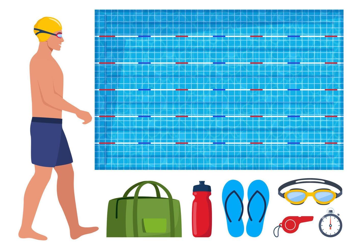 Swimming pool and equipment for swimming training. Man in swimsuit. Swimsuit, goggles, flippers, swim cap, water bottle, towel, stopwatch, whistle, sport bag. illustration. vector