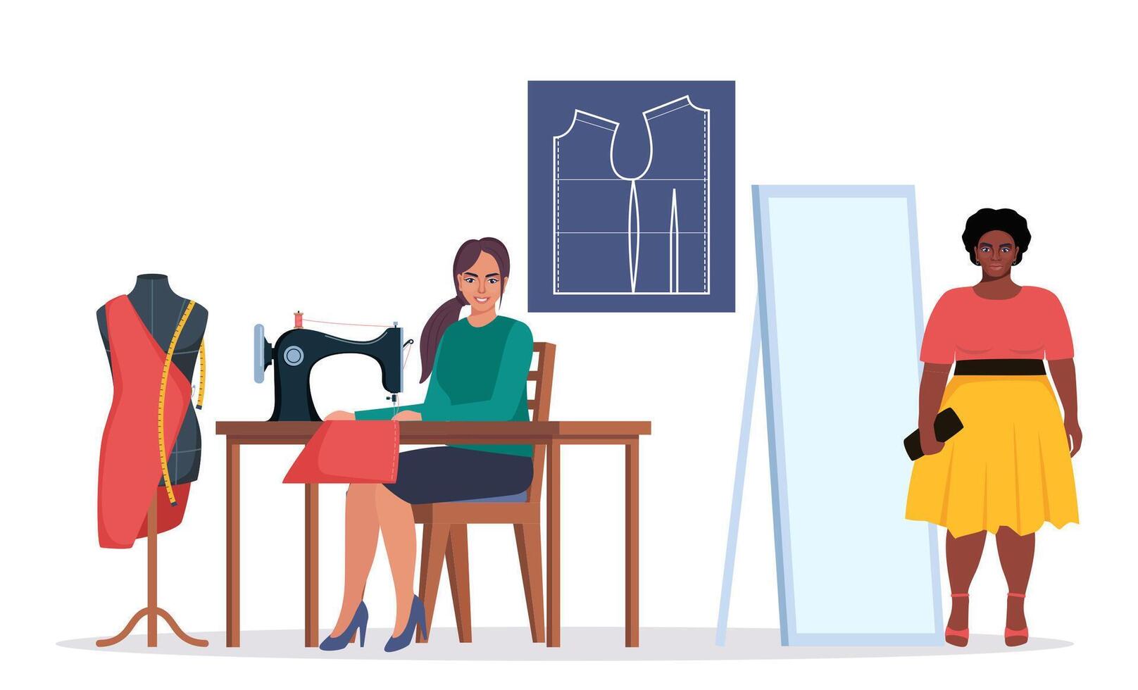 Smiling female dressmaker or seamstress working on sewing machine. Seamstress client tries on a dress in front of a mirror in an atelier. Fashion designer at workplace. Tailor with a mannequin. . vector