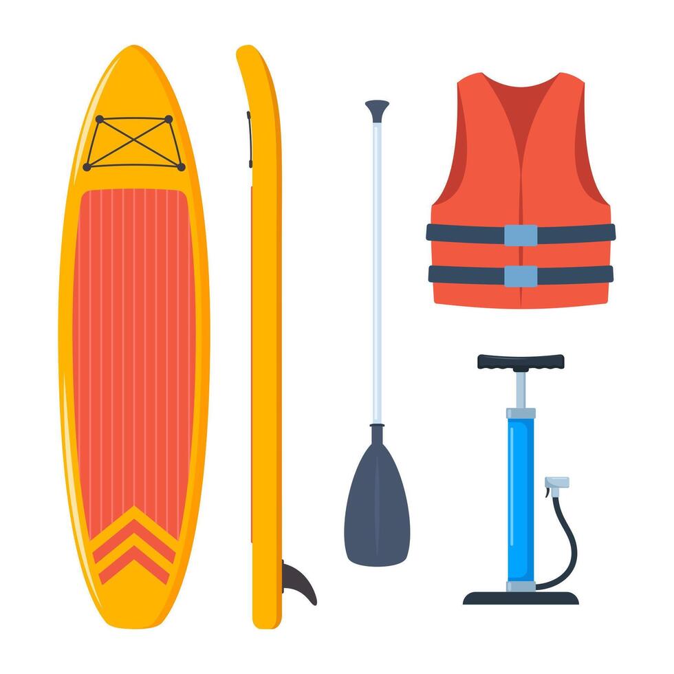 Stand Up Paddle board Accessories. Basic set for SUP. Inflatable board, paddle, life jacket, pump. illustration. vector