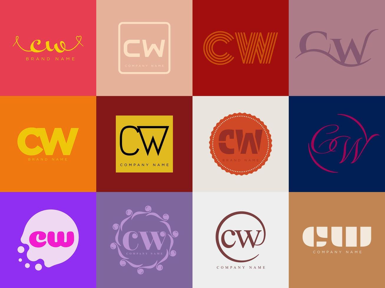 CW logo company template. Letter c and w logotype. Set different classic serif lettering and modern bold text with design elements. Initial font typography. vector