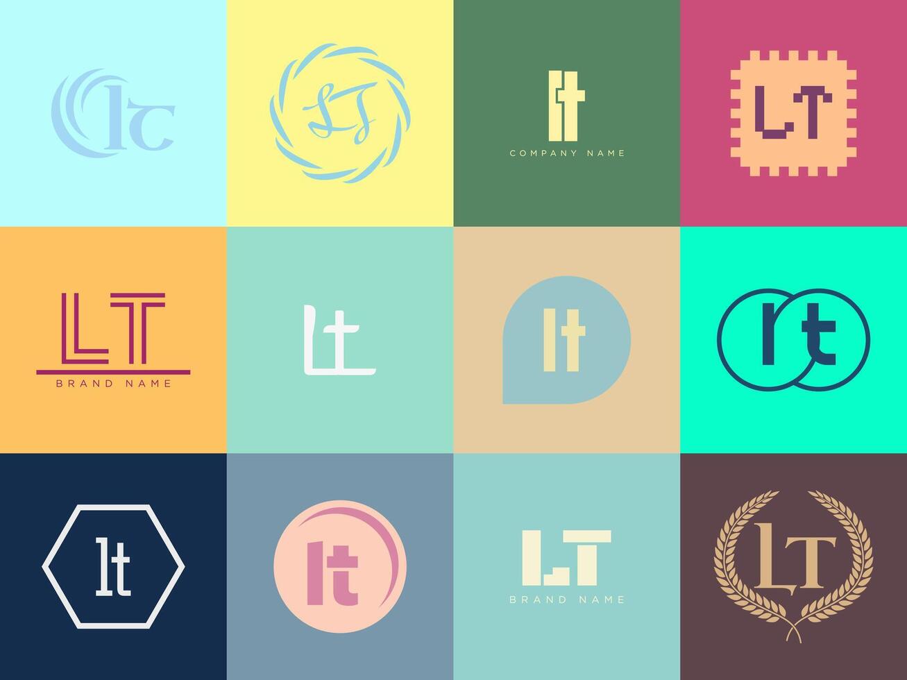 LT logo company template. Letter l and t logotype. Set different classic serif lettering and modern bold text with design elements. Initial font typography. vector