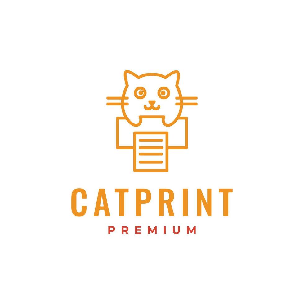 cat with paper printer cute modern mascot cartoon character simple line style logo design icon illustration vector