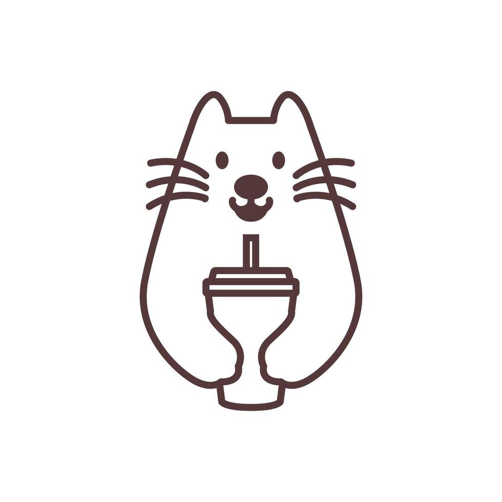 cute cat face hold drink line cartoon logo design vector