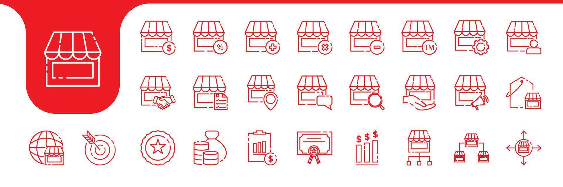 franchising store market line icon set collection design vector