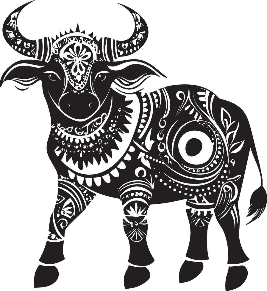 a black and white drawing of a bull with ornate patterns vector