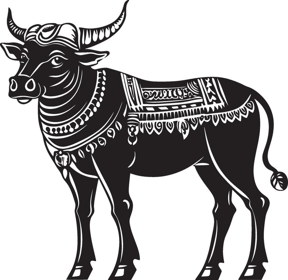Elegant black silhouette of Nandi the sacred bull, symbolizing Shivas vehicle. vector