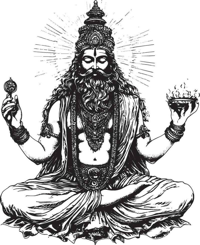 Outline black illustration of Brahma, the Creator god. vector