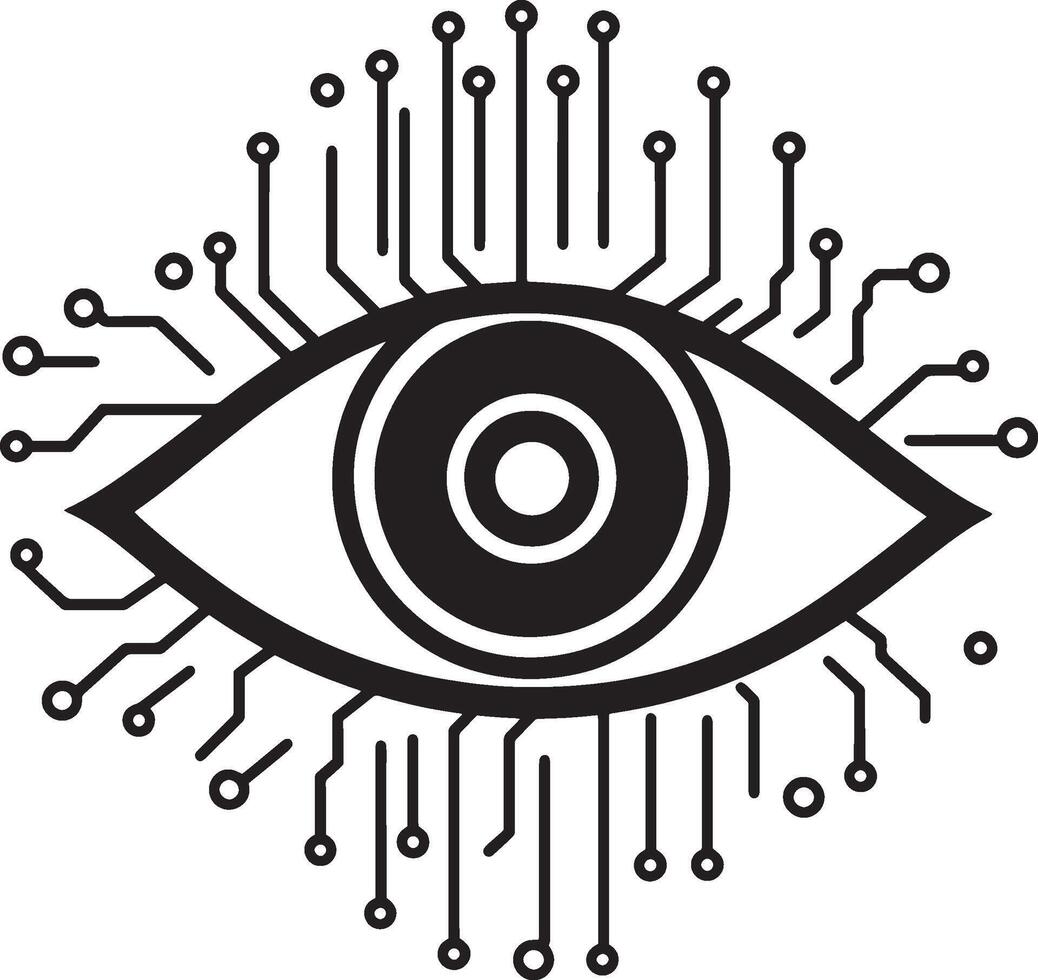Black illustration of an eye icon for AI vision or image recognition. vector