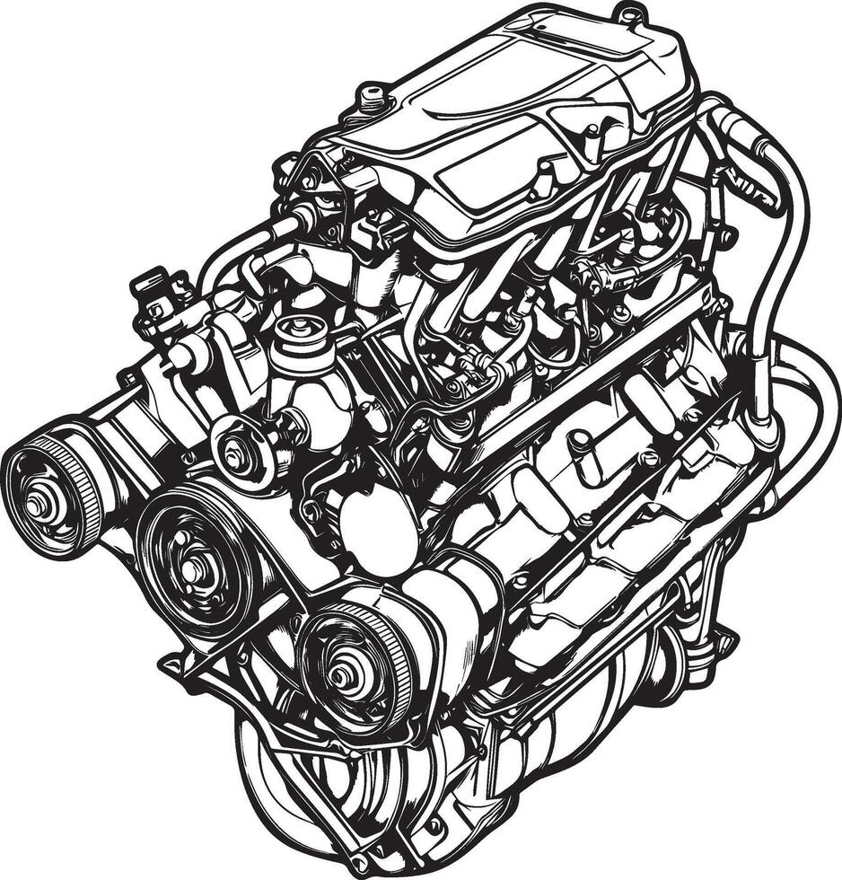 Black illustration of an automotive engine outline. vector