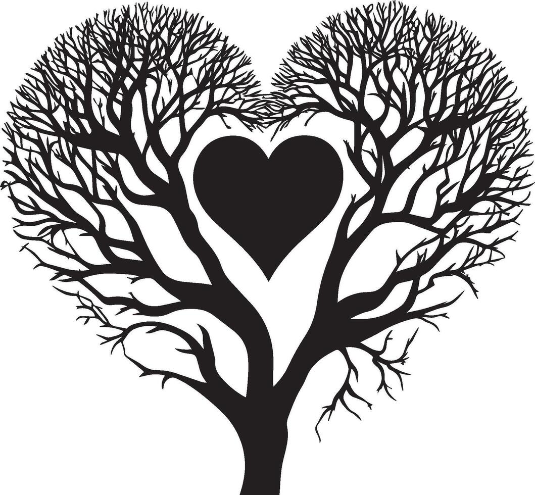 a black and white silhouette of a tree with a heart in the middle vector