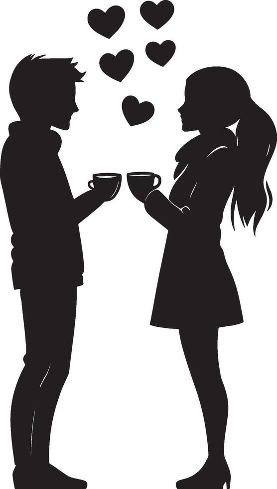 silhouette of a couple holding coffee cups vector