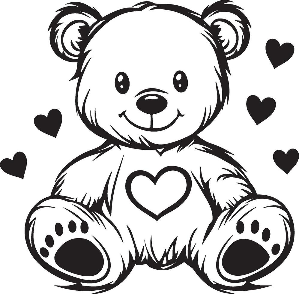 teddy bear with hearts coloring page vector