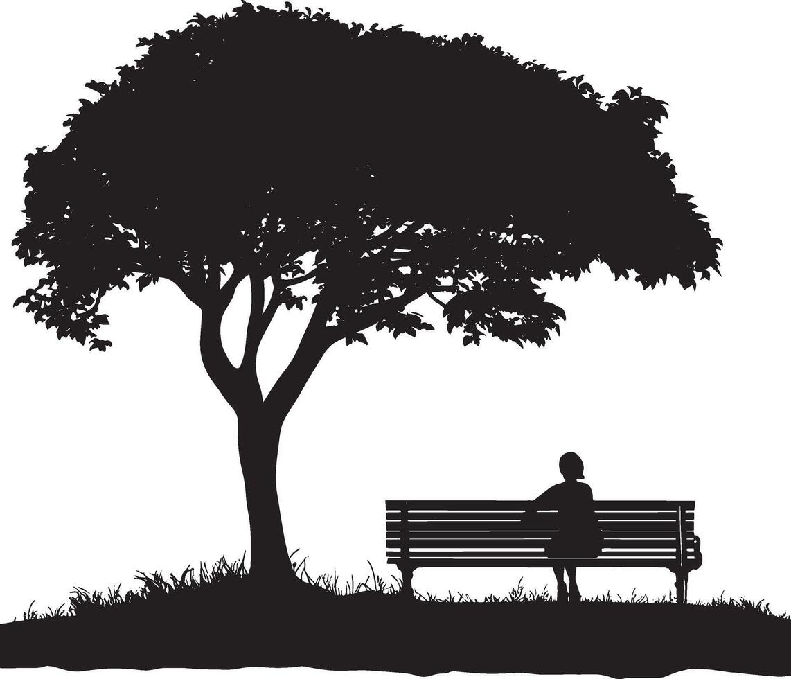 silhouette of a woman sitting on a bench under a tree vector