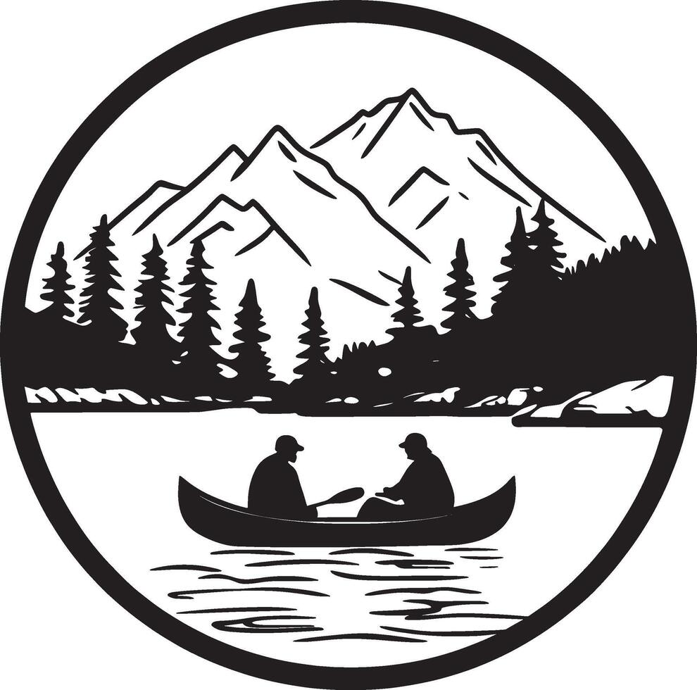 two people in a canoe on the lake with mountains in the background vector