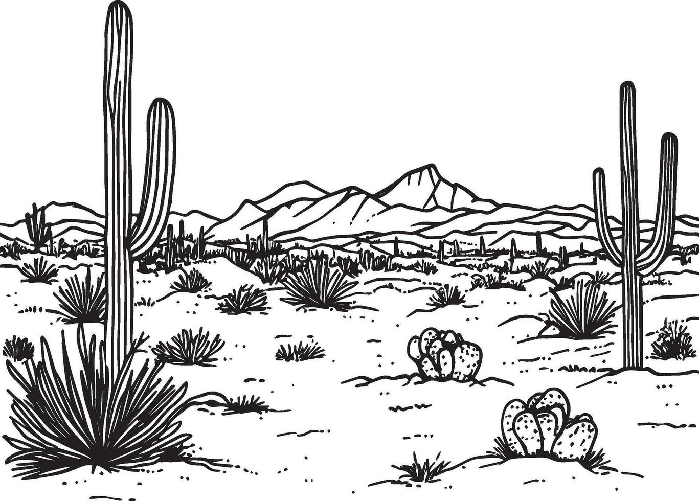 a desert landscape with cactus and mountains vector