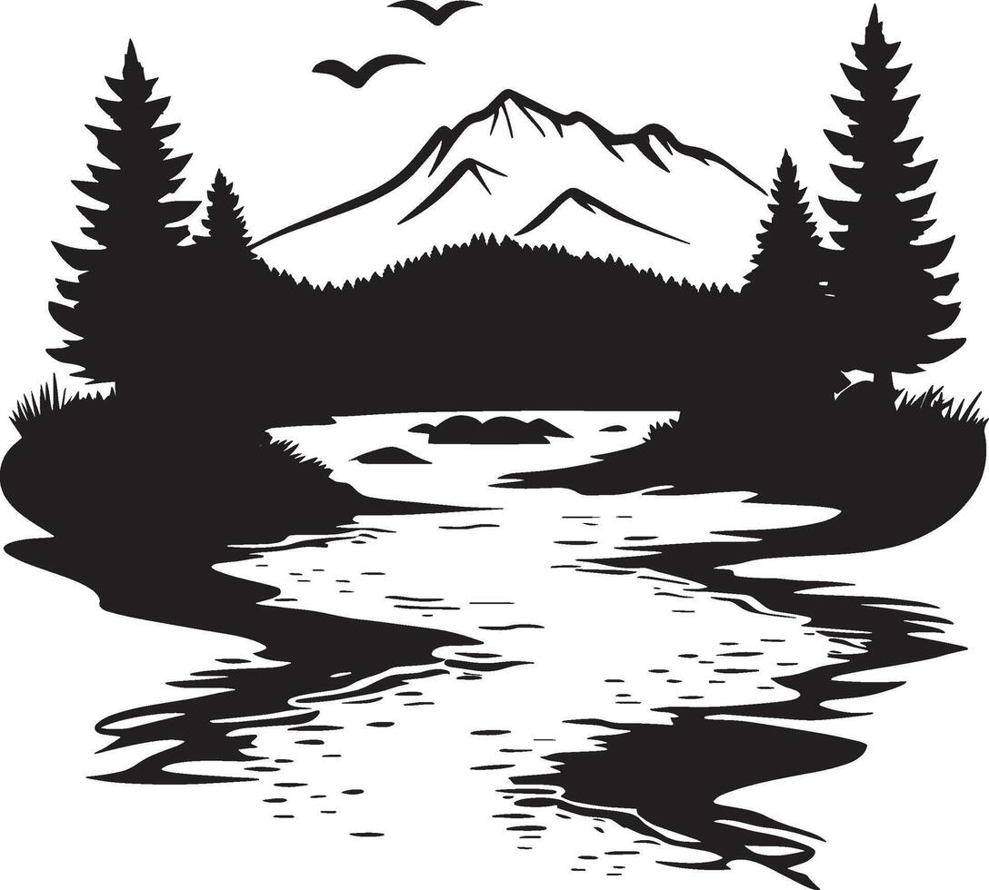 a river and mountains with trees and birds vector