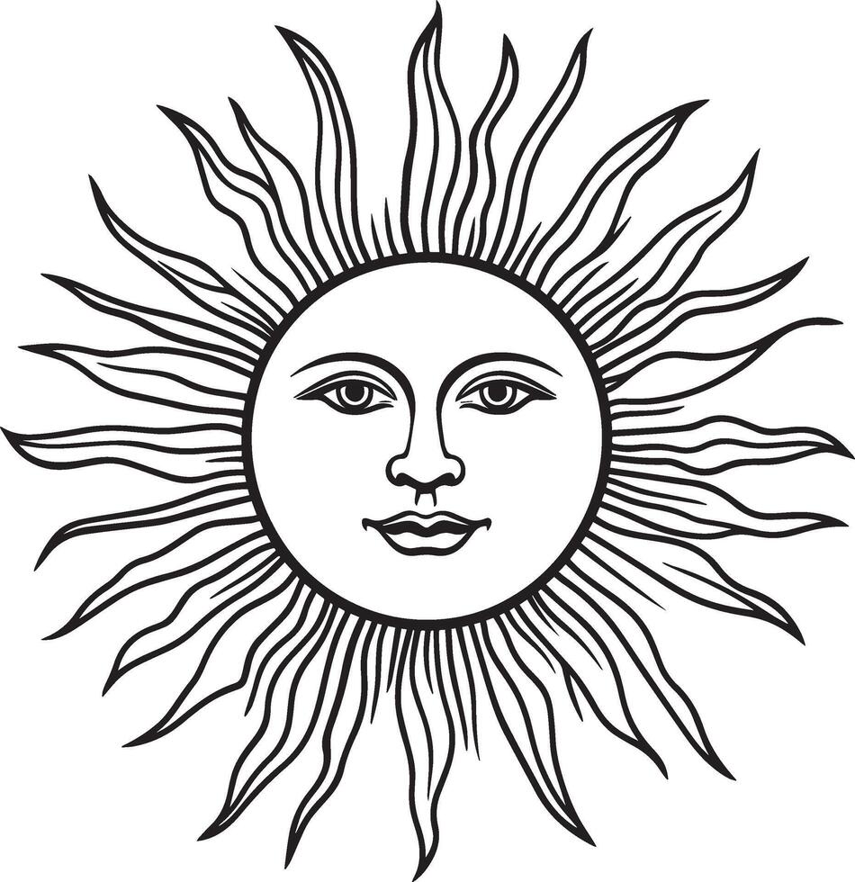 sun face with eyes and hair in a black and white drawing vector