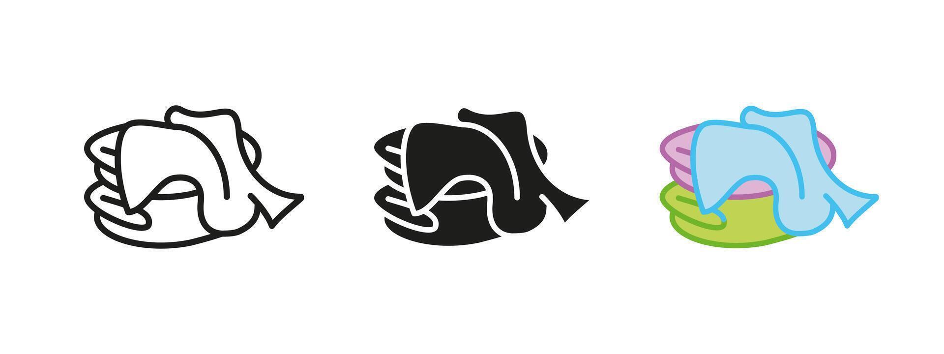 Dirty laundry icon. Unwashed clothes pile illustration. Messy textile stack symbol. Household cleaning sign. Fabric hygiene maintenance concept. vector