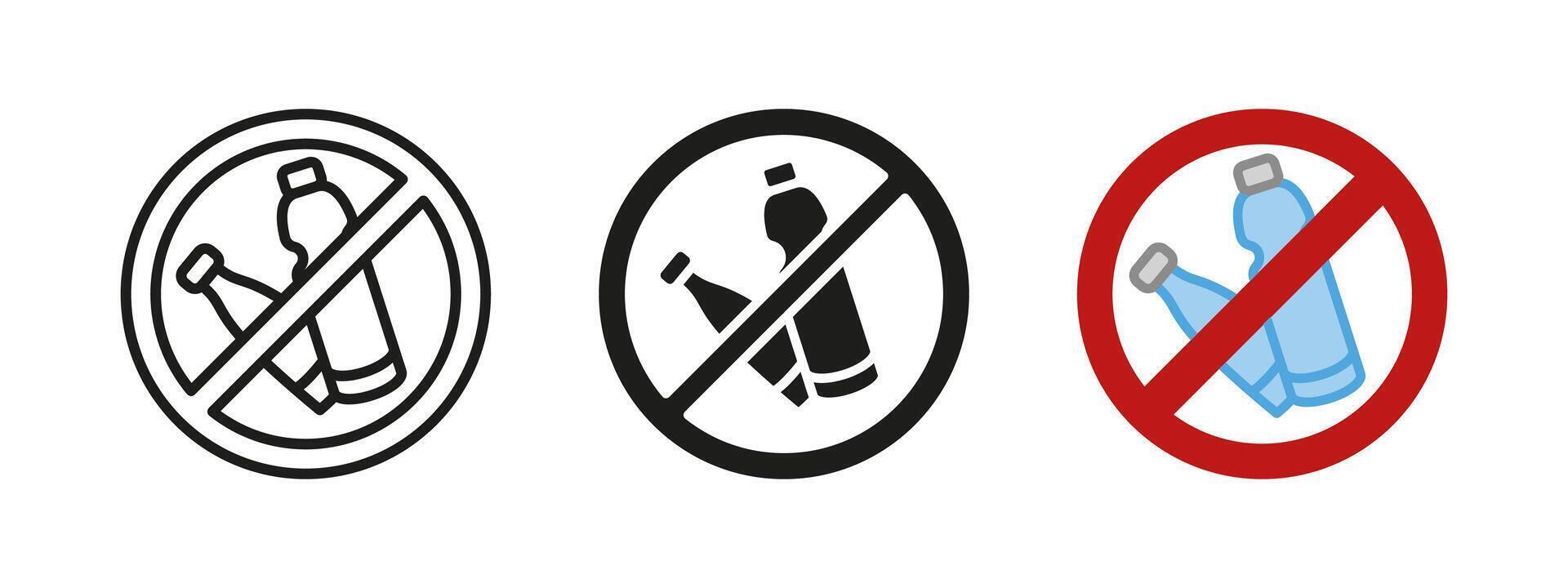 No plastic bottles sign icon. Ban on disposable waste illustration. Environmental pollution prevention symbol. Stop using single-use plastics pictogram. Eco-friendly awareness concept. vector