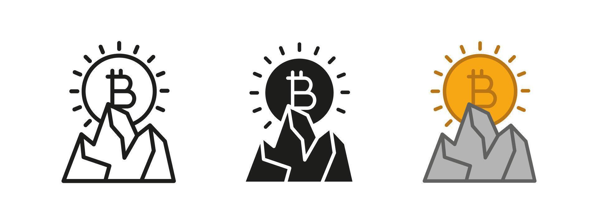 Bitcoin peak icon. Cryptocurrency success illustration. Digital finance summit symbol. Blockchain achievement investment sign. Wealth growth economy design. vector