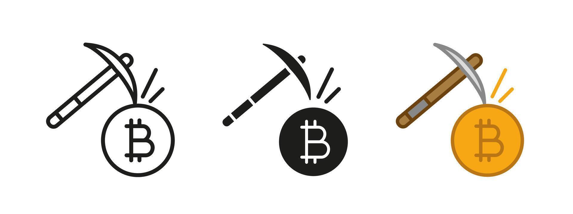 Bitcoin mining icon. Cryptocurrency extraction illustration. Blockchain finance symbol. Digital currency transaction sign. Crypto investment network design. vector