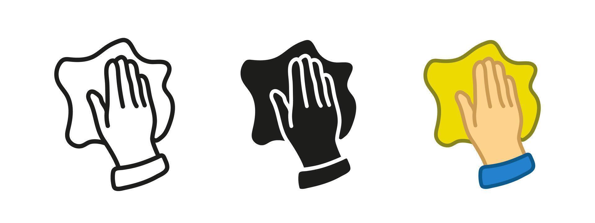 Hand wiping icon. Cleaning cloth illustration. Hygiene and surface sanitation symbol. Dust removal sign. Home disinfecting concept. vector