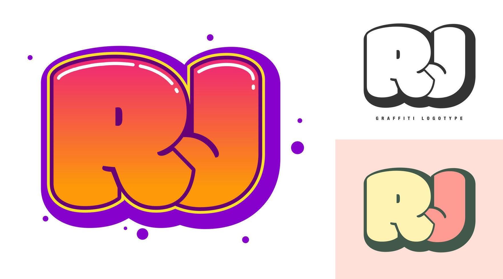RJ logo design for festival or party. Initial letter r and j in graffiti style. Creative modern lettering company name of font typography. Kids trendy logotype or identity. vector