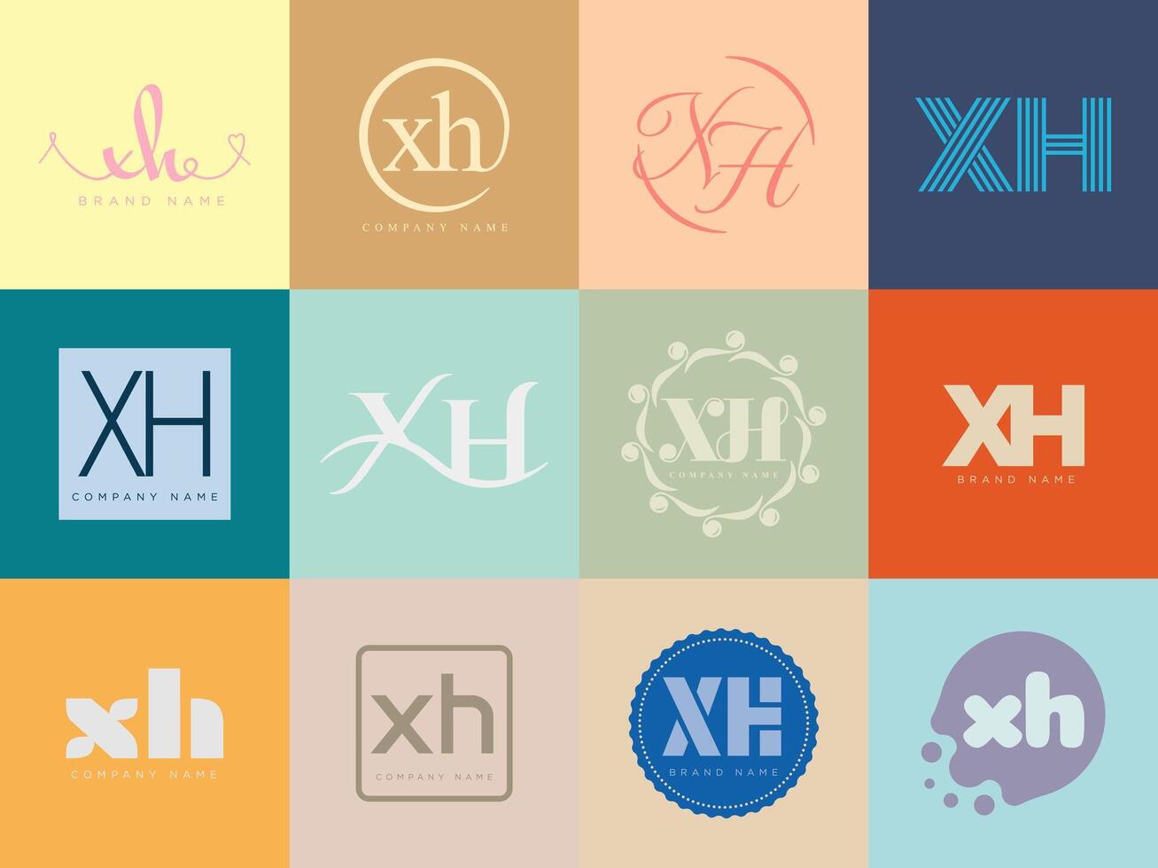 XH logo company template. Letter x and h logotype. Set different classic serif lettering and modern bold text with design elements. Initial font typography. vector