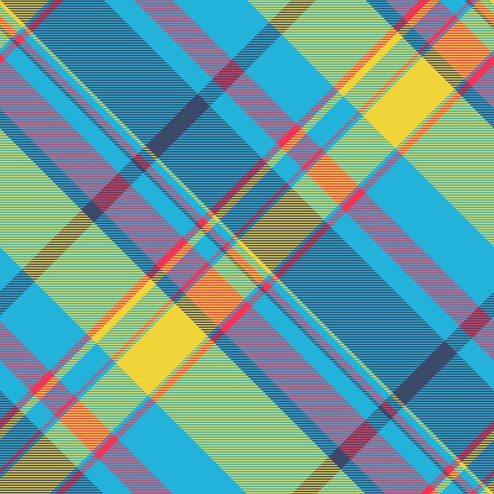 Vibrant diagonal plaid pattern in a cheerful color palette. Perfect for textile designs, website backgrounds, or fashion illustrations. This seamless texture offers a modern and stylish aesthetic. vector