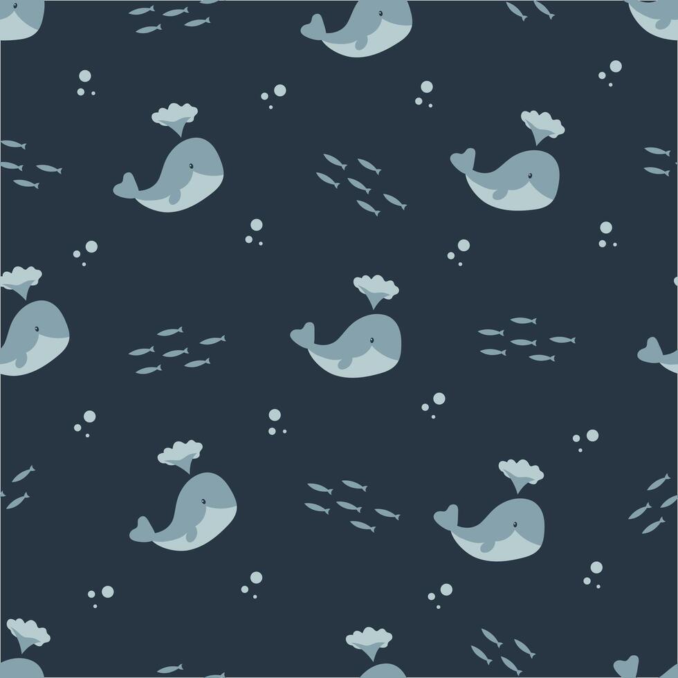 Whales blue seamless pattern for children. background for printing on bed linen, clothes. vector