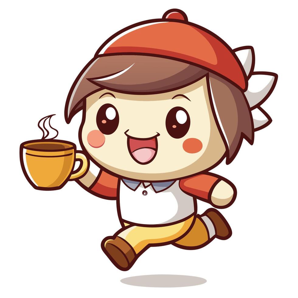 a cartoon boy running with a cup of coffee white background vector