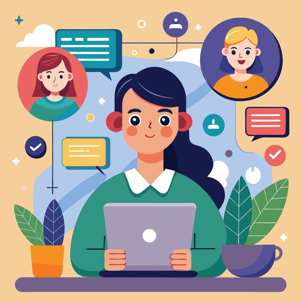a woman is working on a laptop with chat bubbles around white backgroundher vector