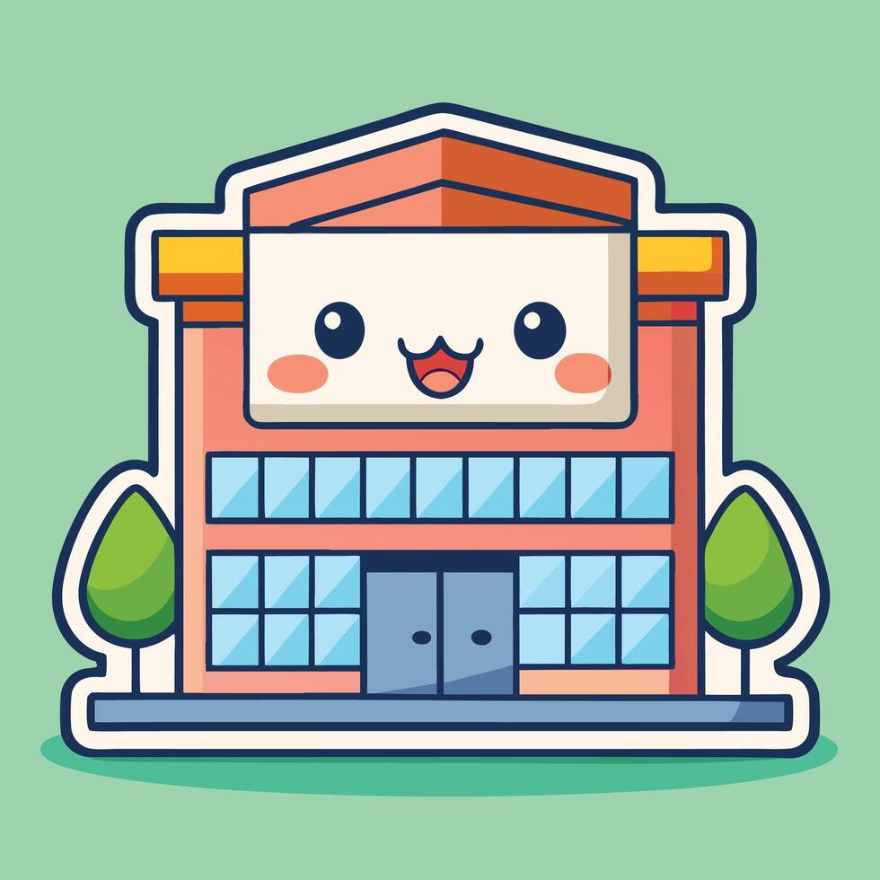 a cartoon building with a smiley face white background, vector