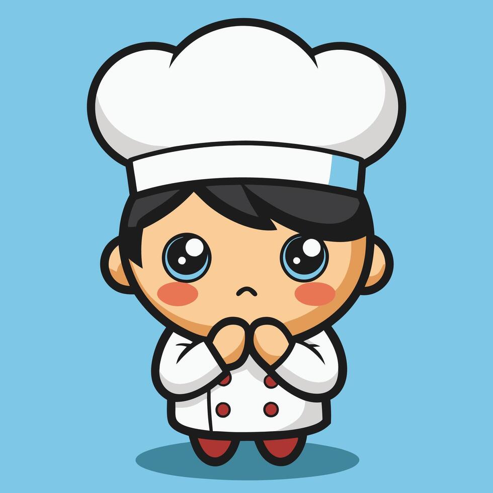 cartoon chef with sad face on blue background white background vector