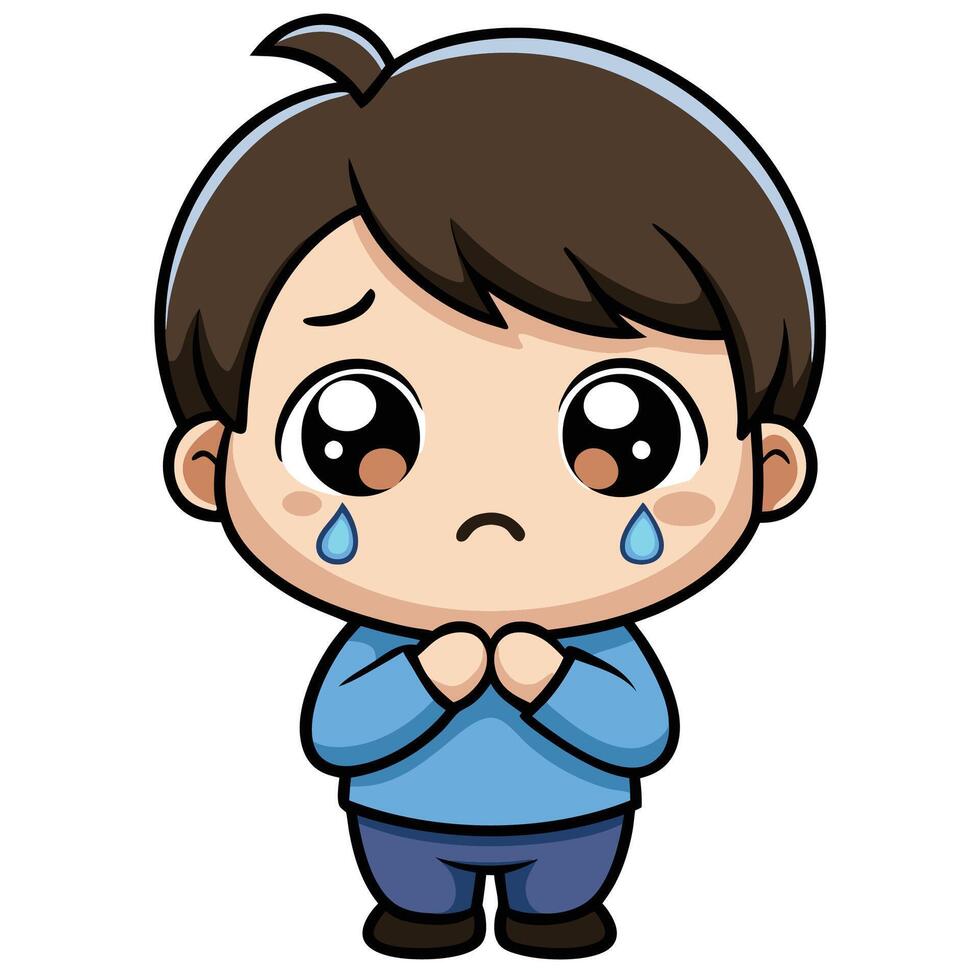 a cartoon boy crying with his hands folded white background, vector