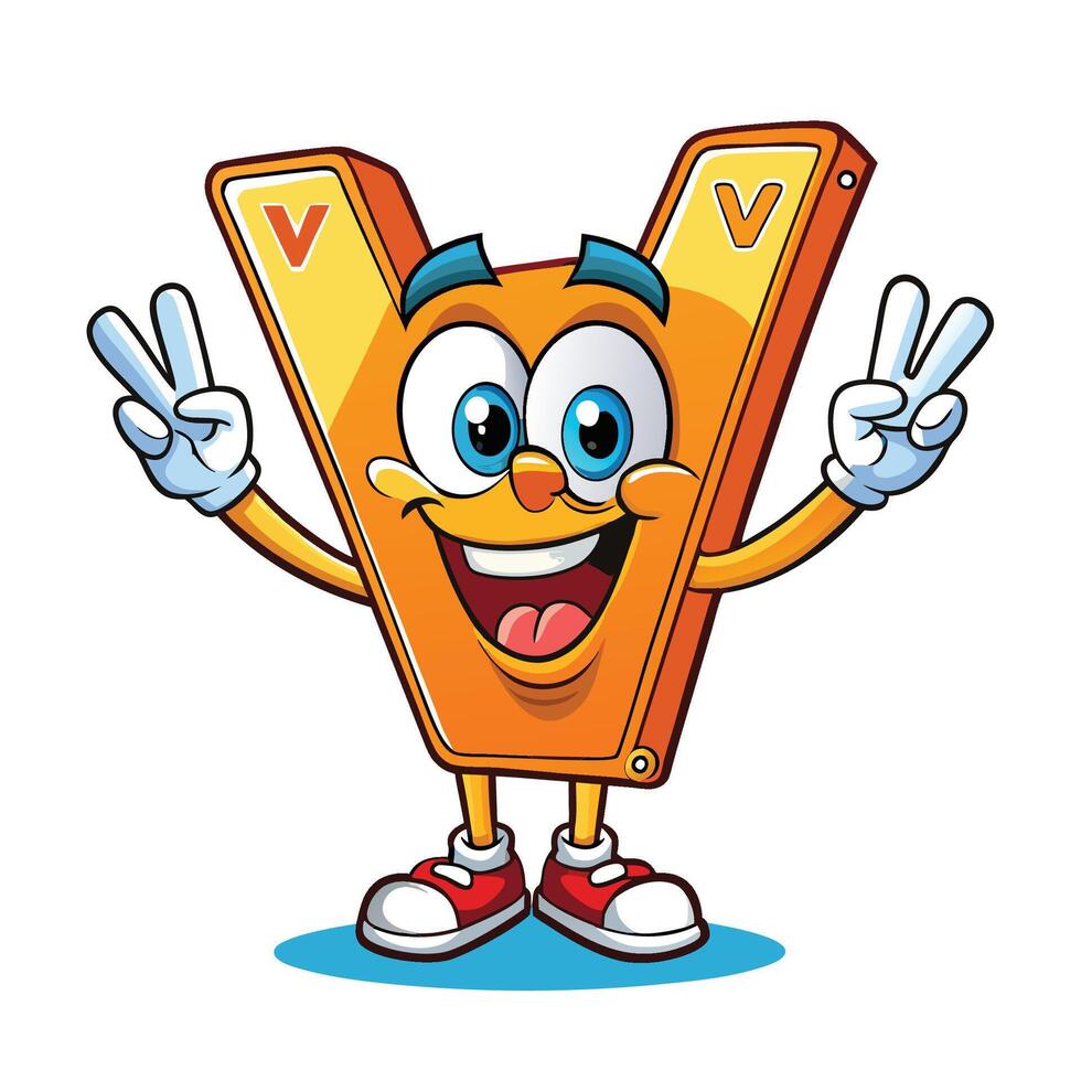a cartoon letter v character with two hands up white background vector