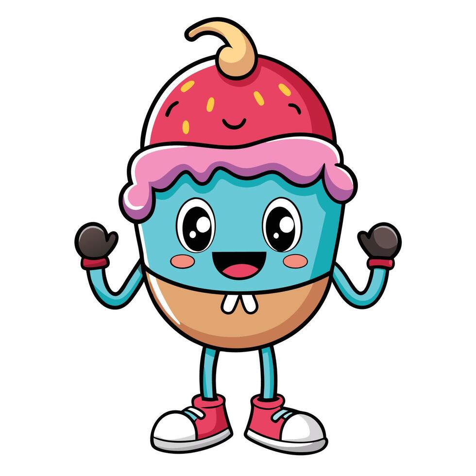 a cartoon character of an ice cream with a strawberry on its h white backgroundead vector