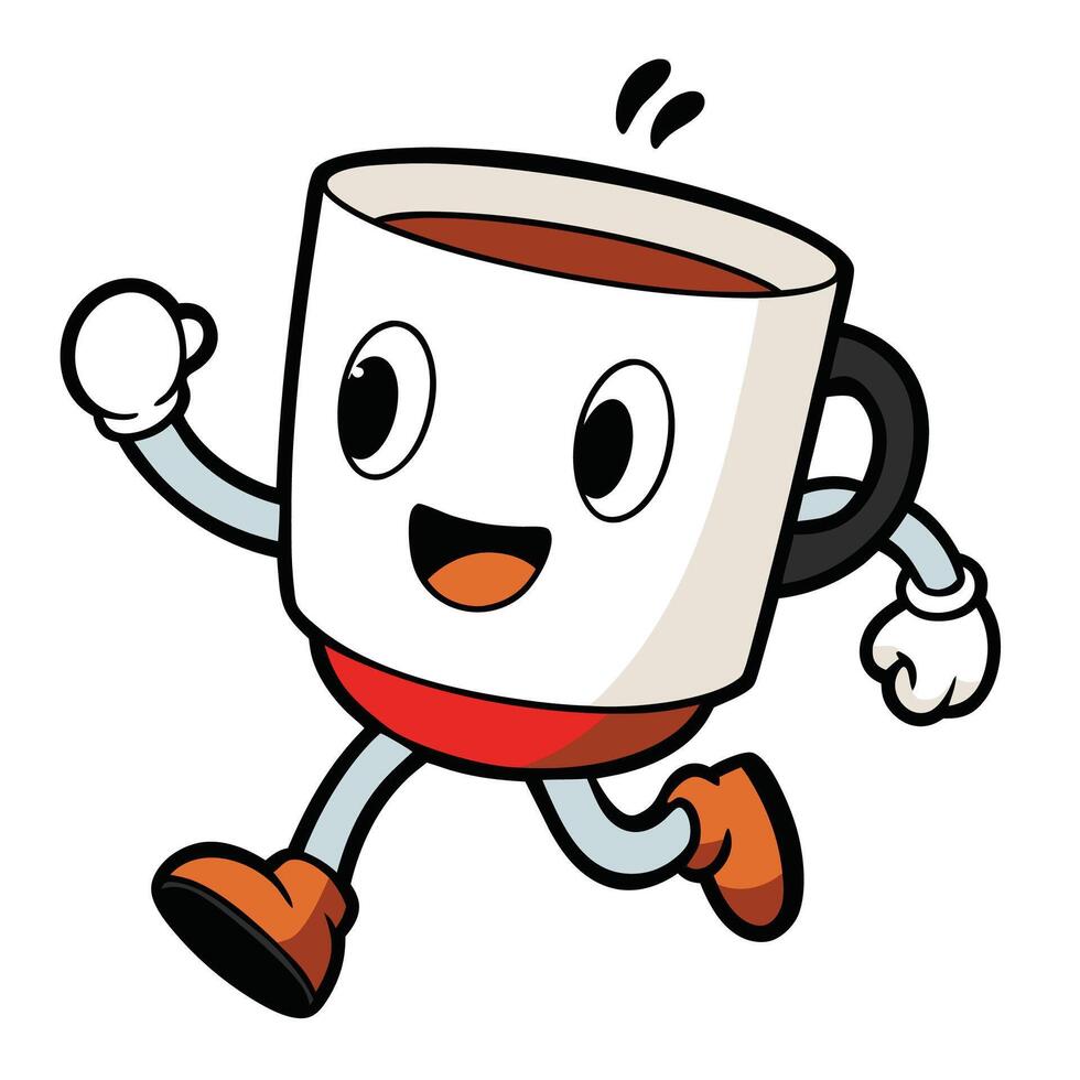a cartoon coffee cup running with a smile on its face white background vector