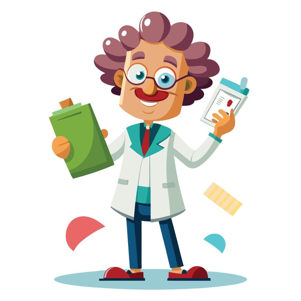 cartoon doctor holding a clipboard and a bottle white background vector