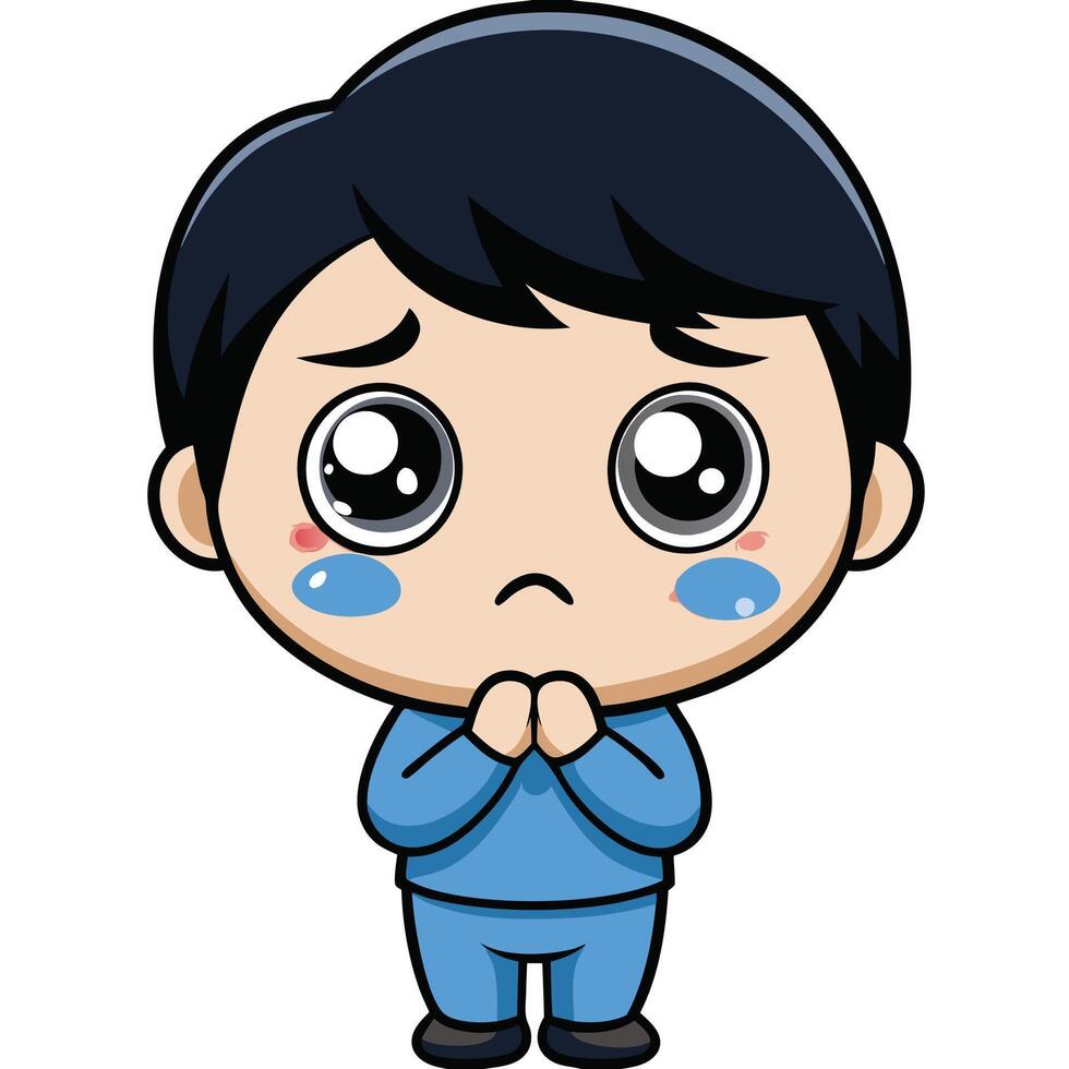 a cartoon boy with sad eyes white background,, vector